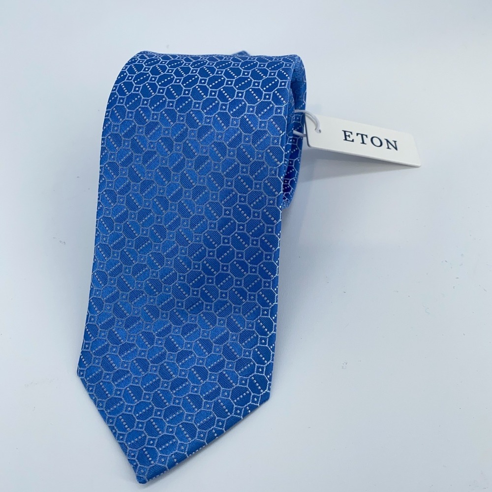 Eton Tie Mens One Size Blue Patterned Silk Professional Necktie England Made NWT